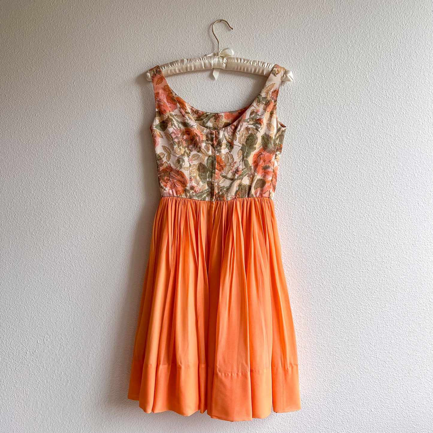 1960s Orange Roses Silk Jacquard Dress With Chiffon Skirt (XS)