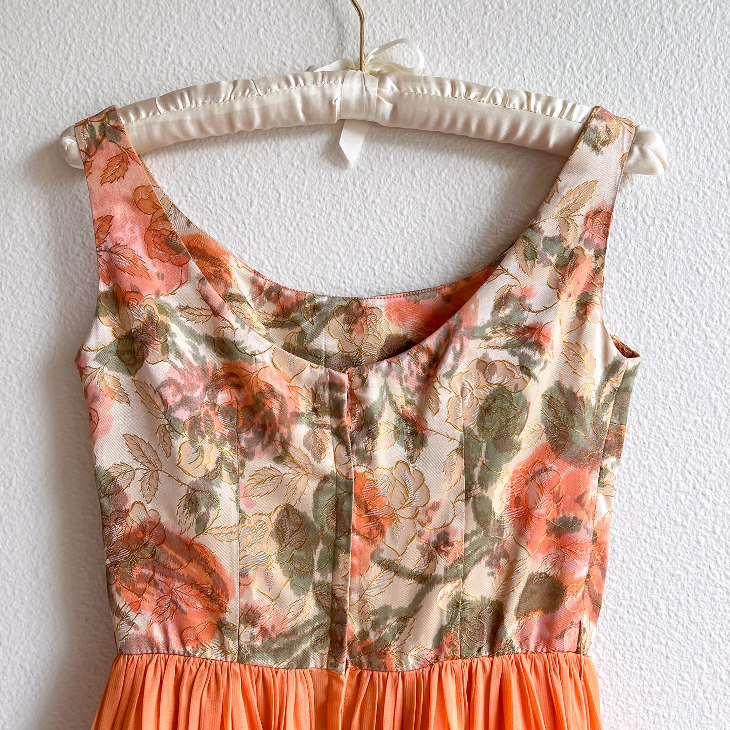 1960s Orange Roses Silk Jacquard Dress With Chiffon Skirt (XS)