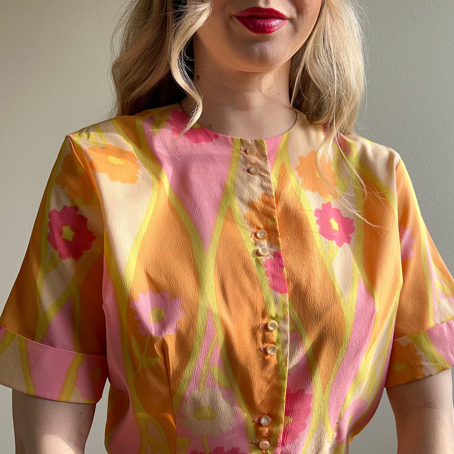1950s Orange and Pink Sorbet Print Dress (M)