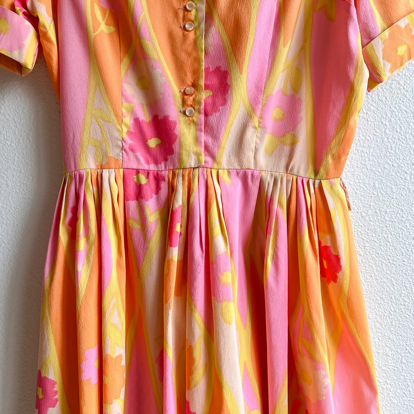 1950s Orange and Pink Sorbet Print Dress (M)