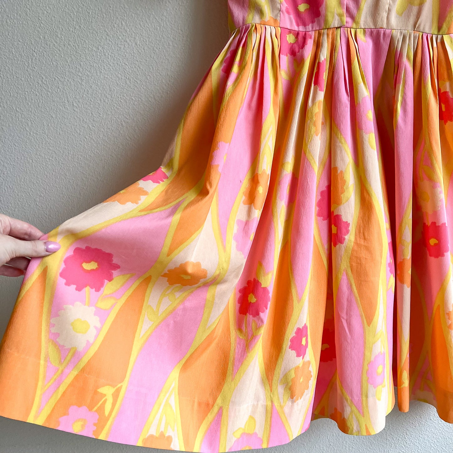 1950s Orange and Pink Sorbet Print Dress (M)