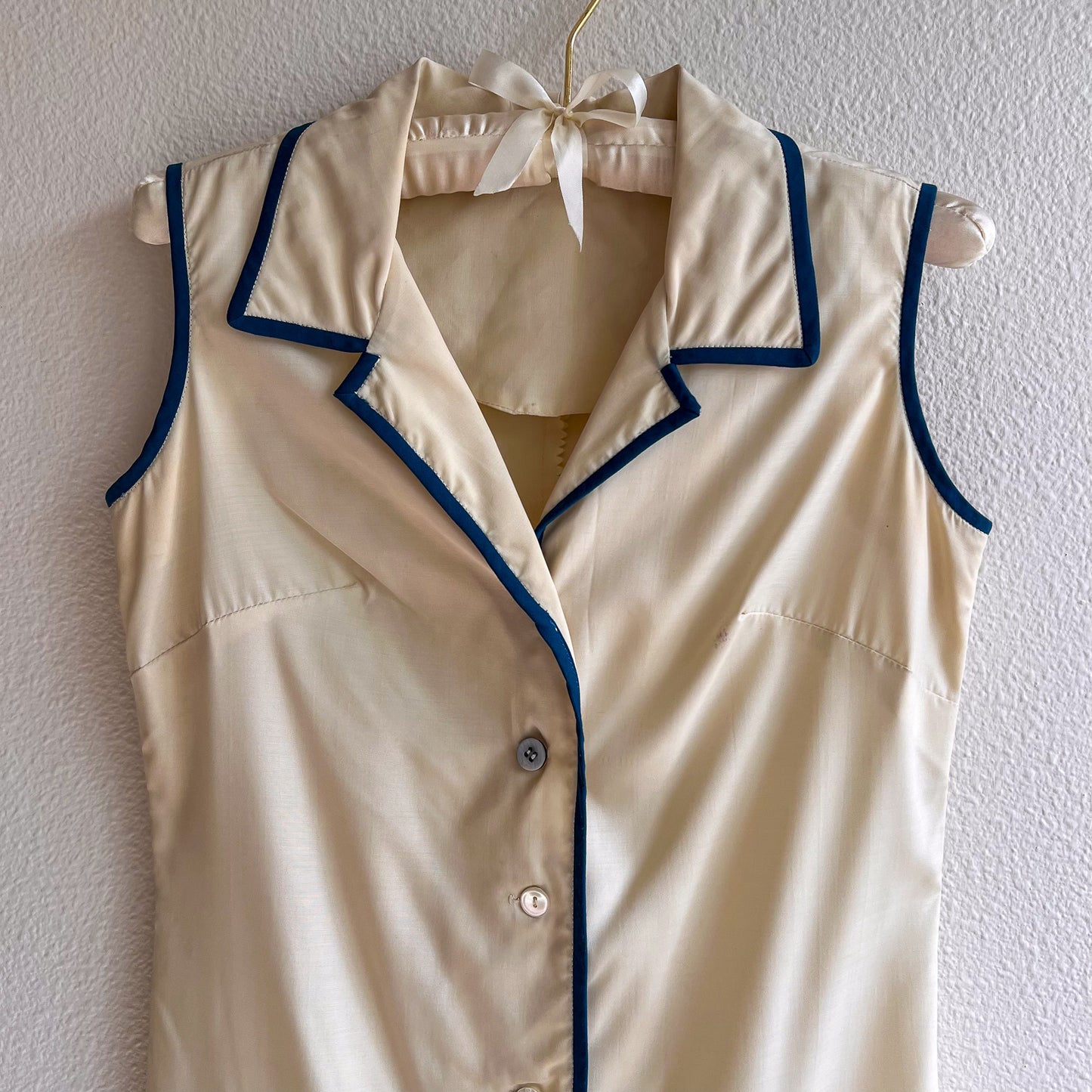 1960s Palest Yellow Buttoned Dress With Blue Trim (S)