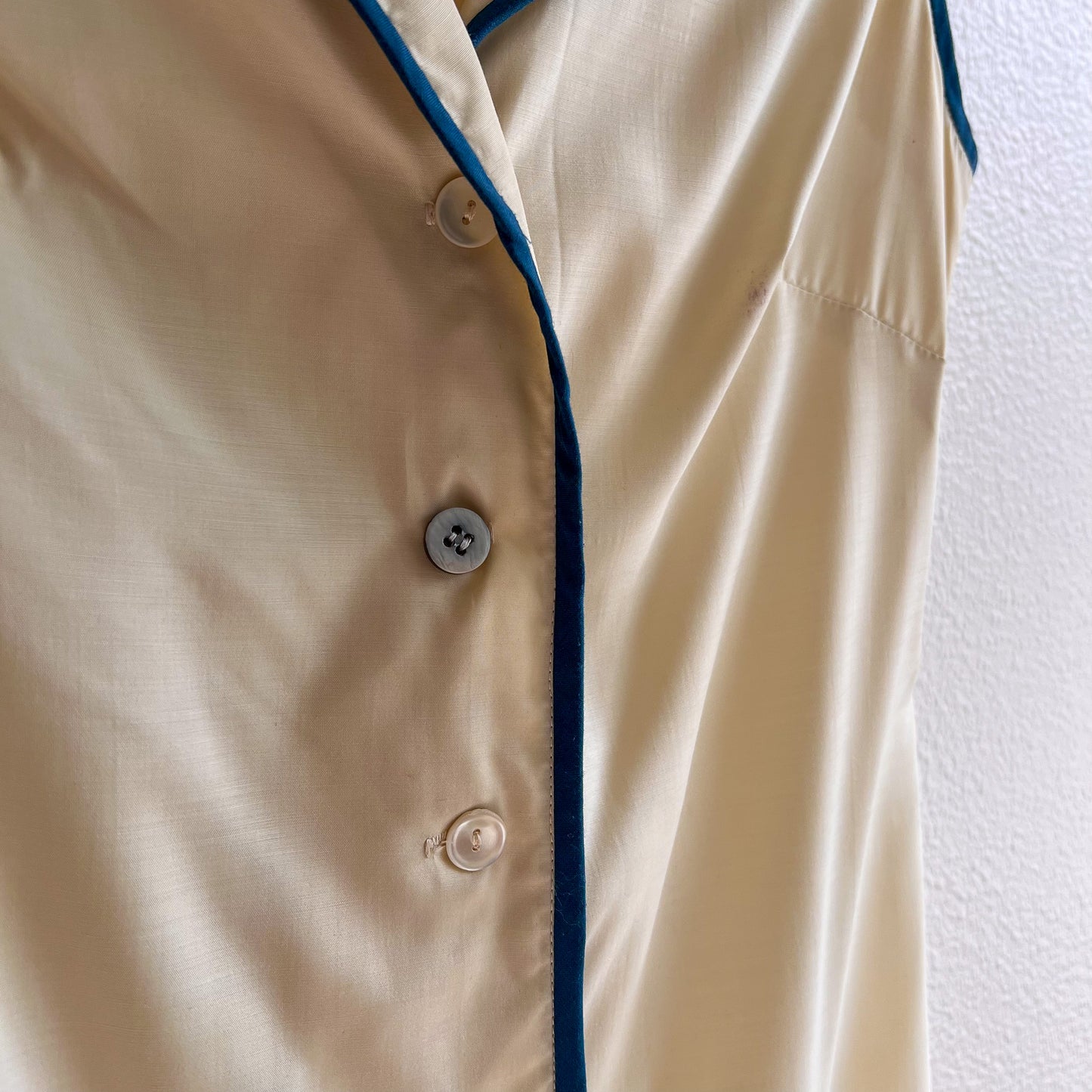 1960s Palest Yellow Buttoned Dress With Blue Trim (S)