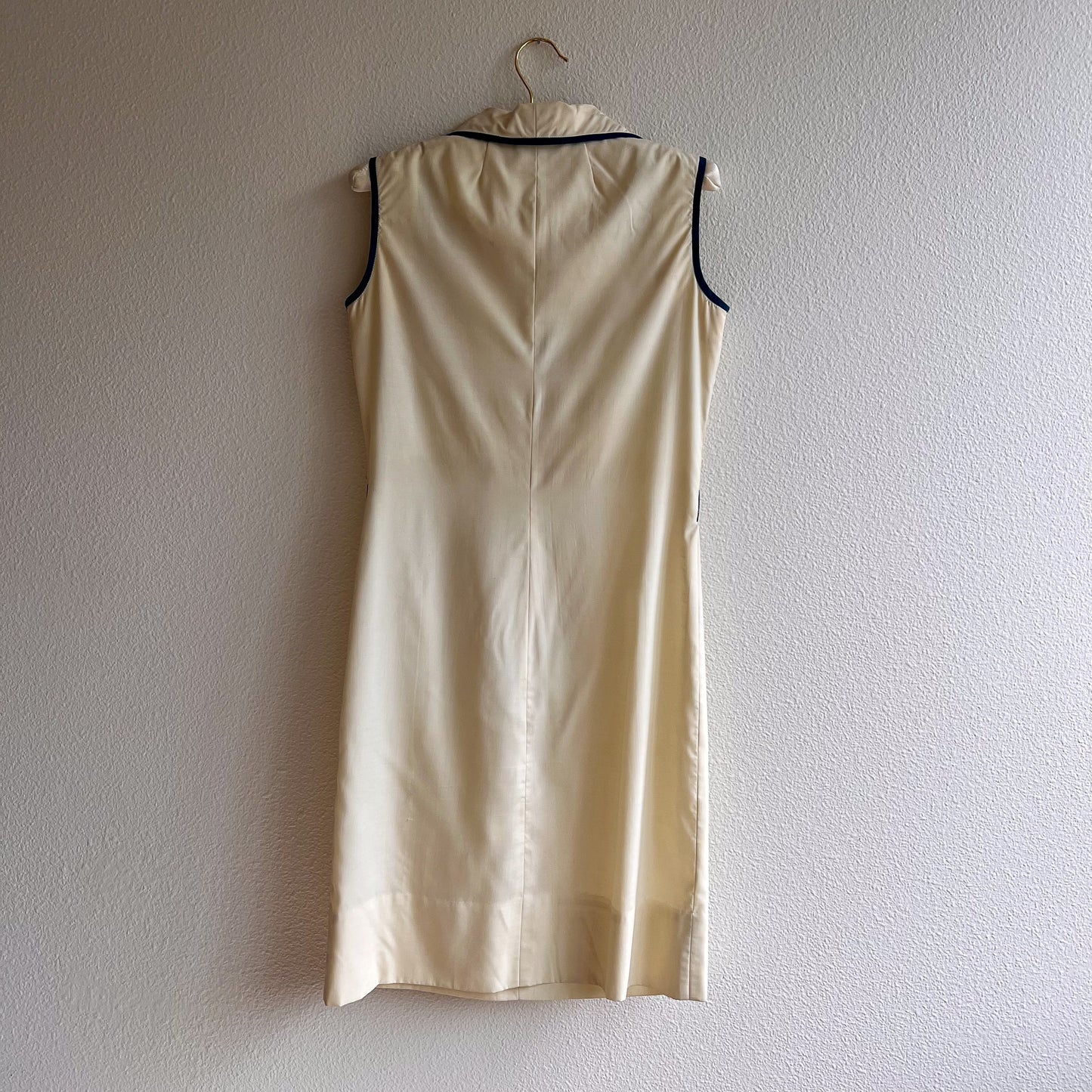 1960s Palest Yellow Buttoned Dress With Blue Trim (S)