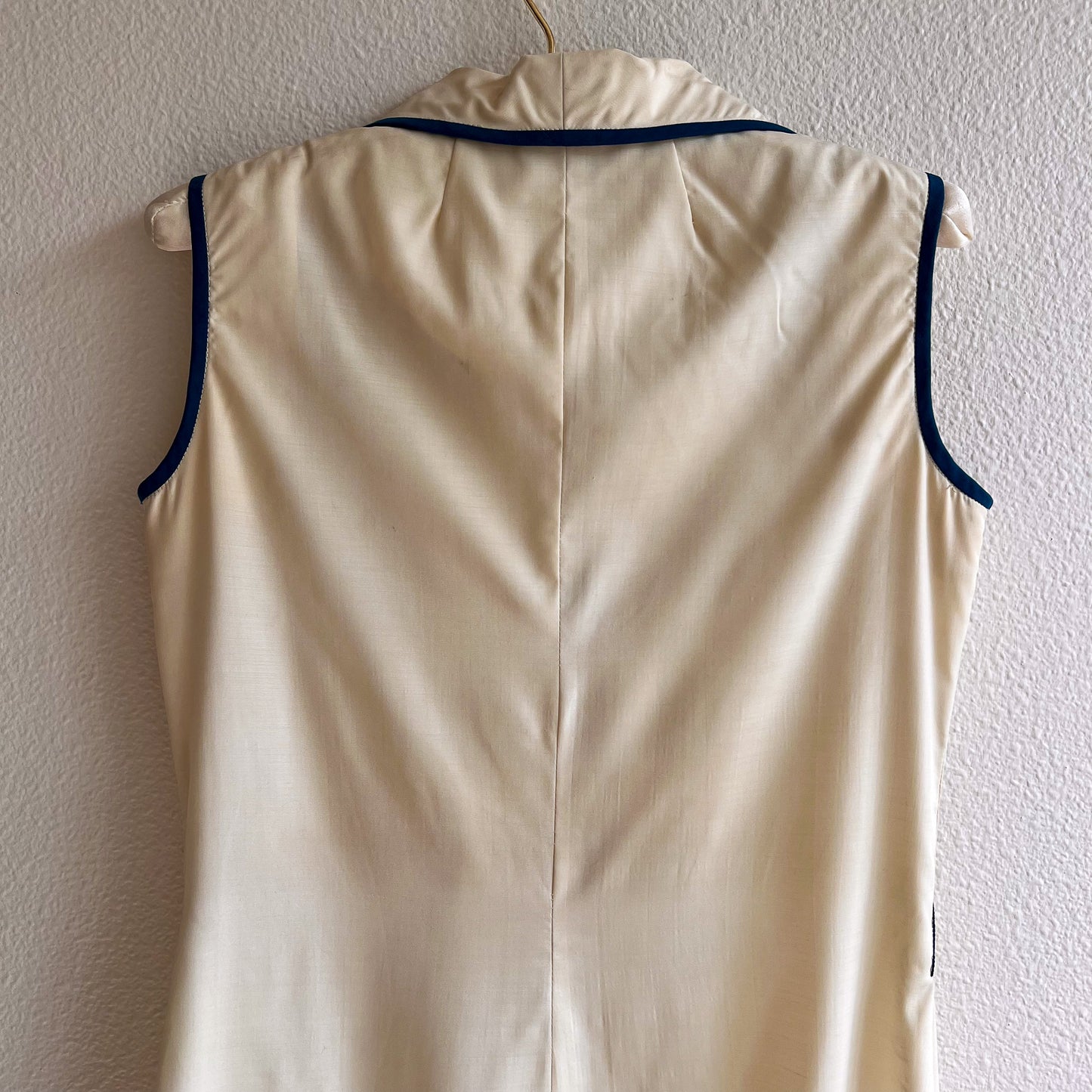 1960s Palest Yellow Buttoned Dress With Blue Trim (S)