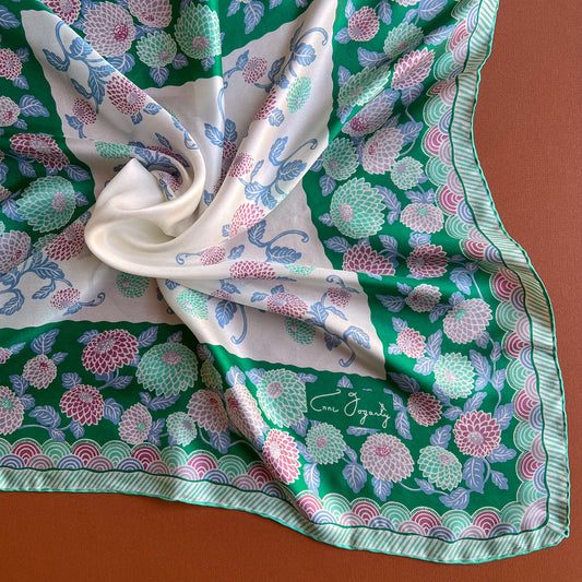 Cute 1960s Pastel Green Floral Silk Scarf