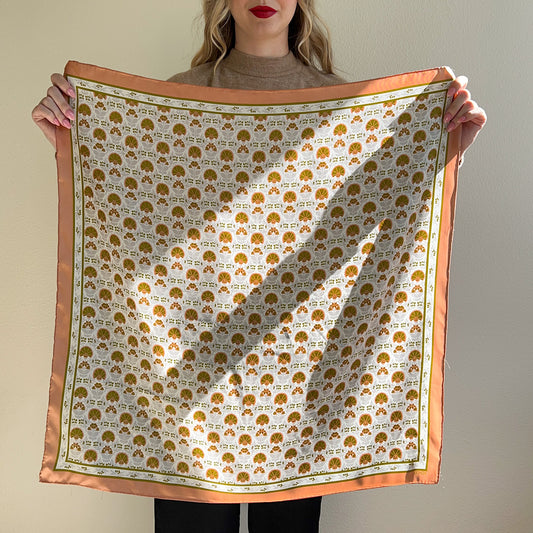 1960s Peach and Sage Pattern Silk Scarf