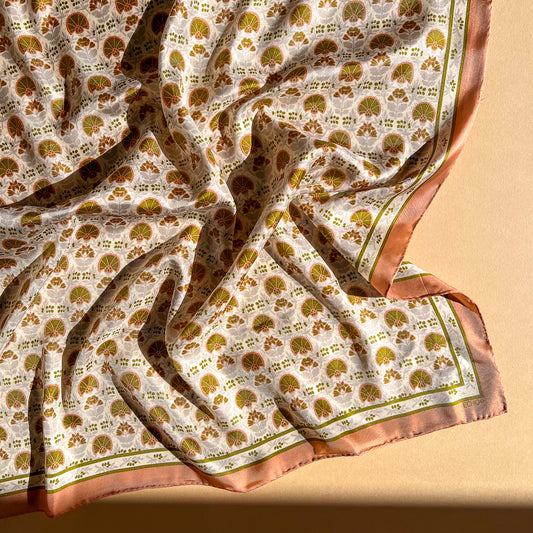 1960s Peach and Sage Pattern Silk Scarf
