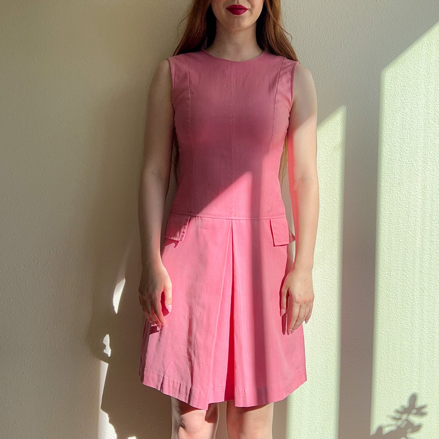 1960s Sleeveless Pink Dress With Decorative Pockets (S)