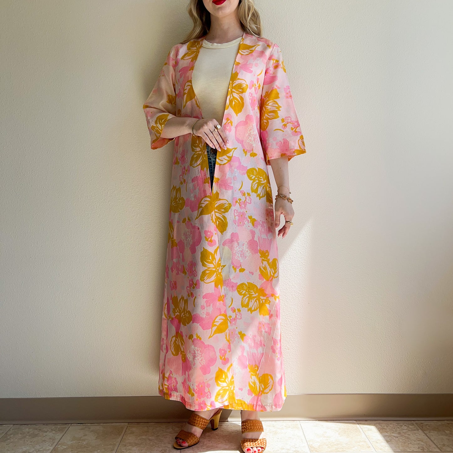 1960s Pink Floral Pattern Lightweight Robe (S/M)