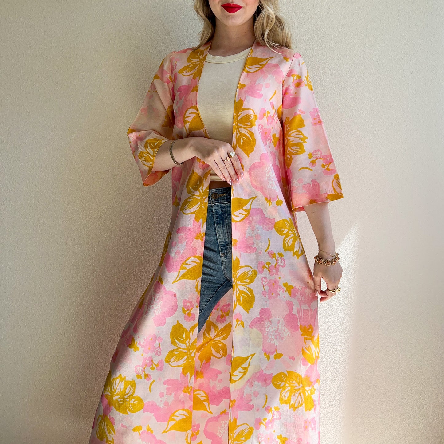 1960s Pink Floral Pattern Lightweight Robe (S/M)