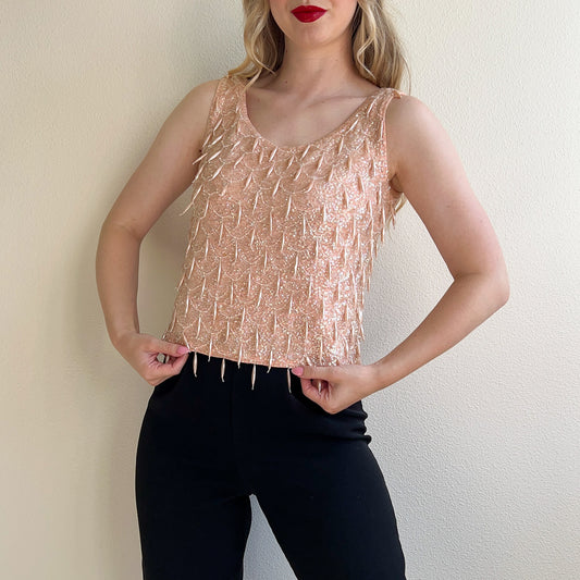 Stunning 1960s Baby Pink Sequined Blouse (S/M)