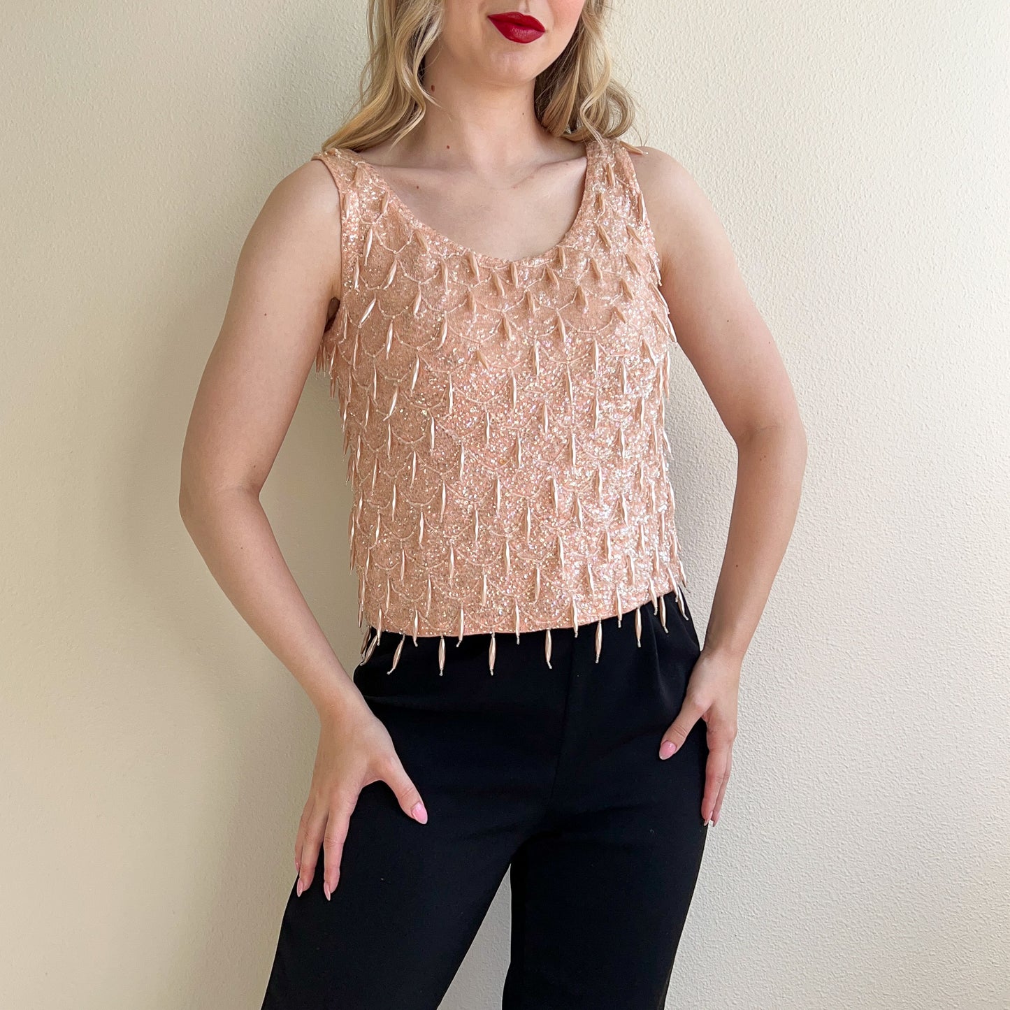 Stunning 1960s Baby Pink Sequined Blouse (S/M)
