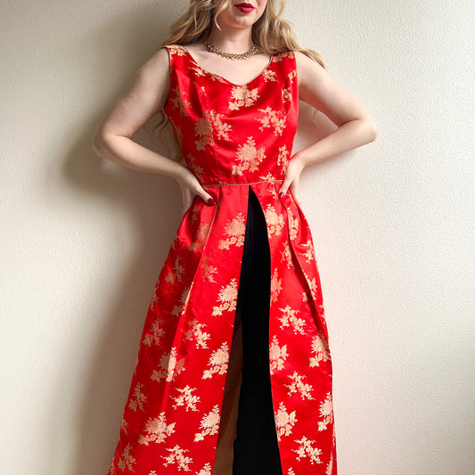 Exquisite 1960s Rich Red and Gold Chrysanthemums Gown (M)