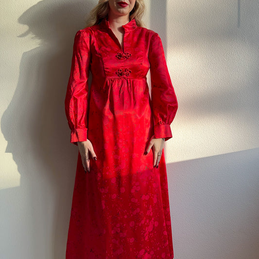 1960s Red Pattern Silk Gown With Long Sleeves (XS/S)