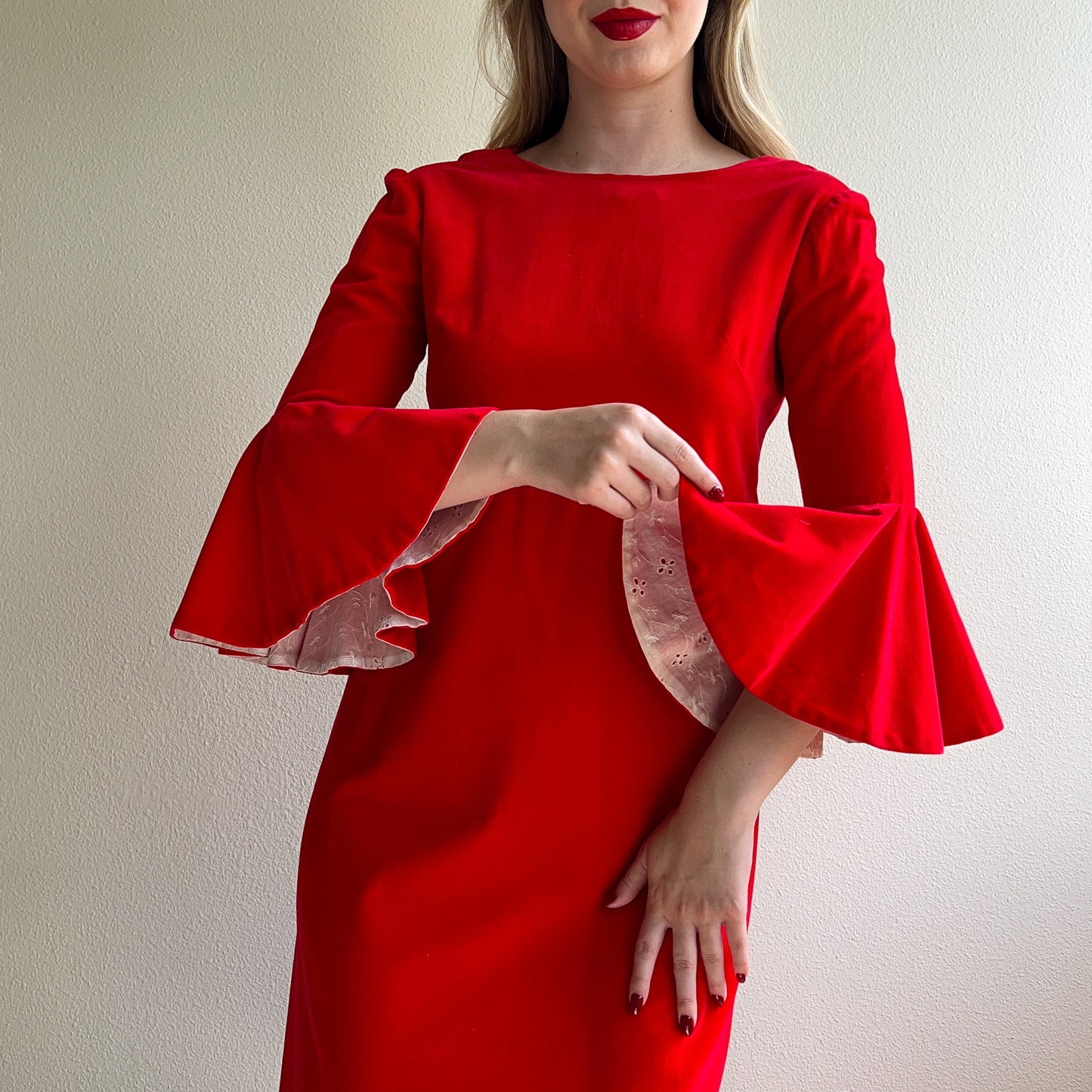 Stunning 1960s Red Velvet Dress With Eyelet Details (M)