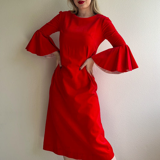 Stunning 1960s Red Velvet Dress With Eyelet Details (M)