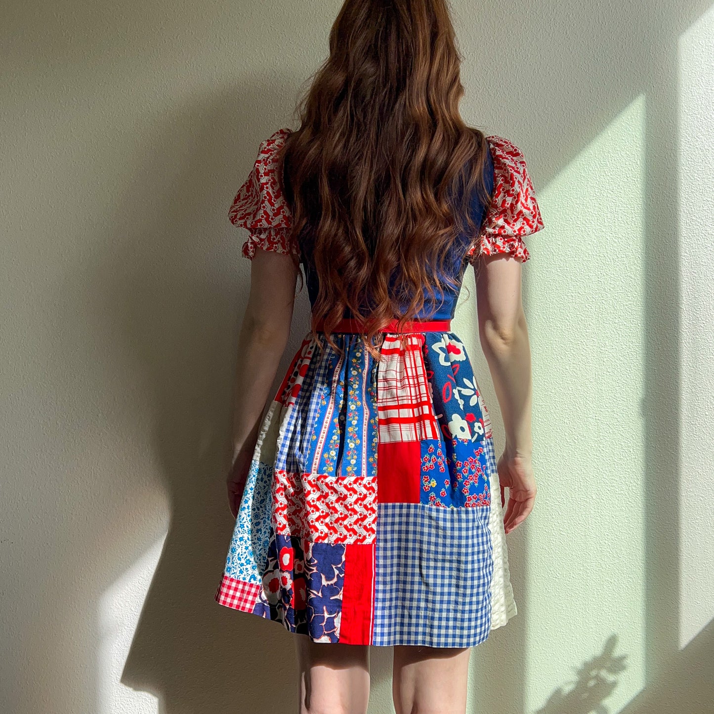 1960s Red, White, and Blue Quilted Pattern Summer Dress (S)