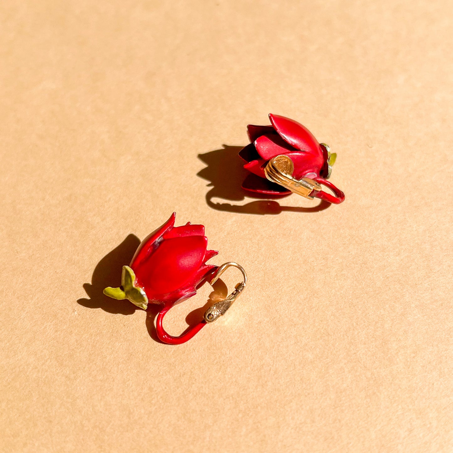 1960s Red Rosebud Clip-On Earrings