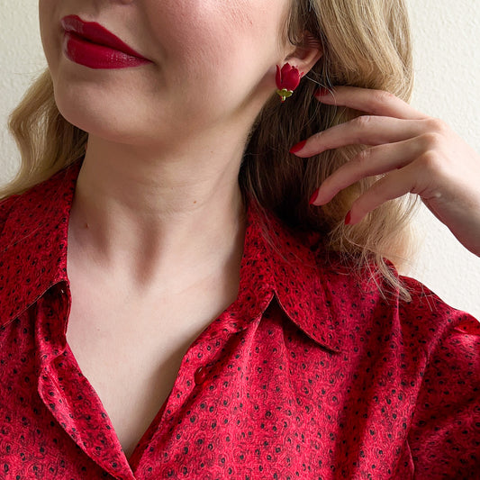1960s Red Rosebud Clip-On Earrings