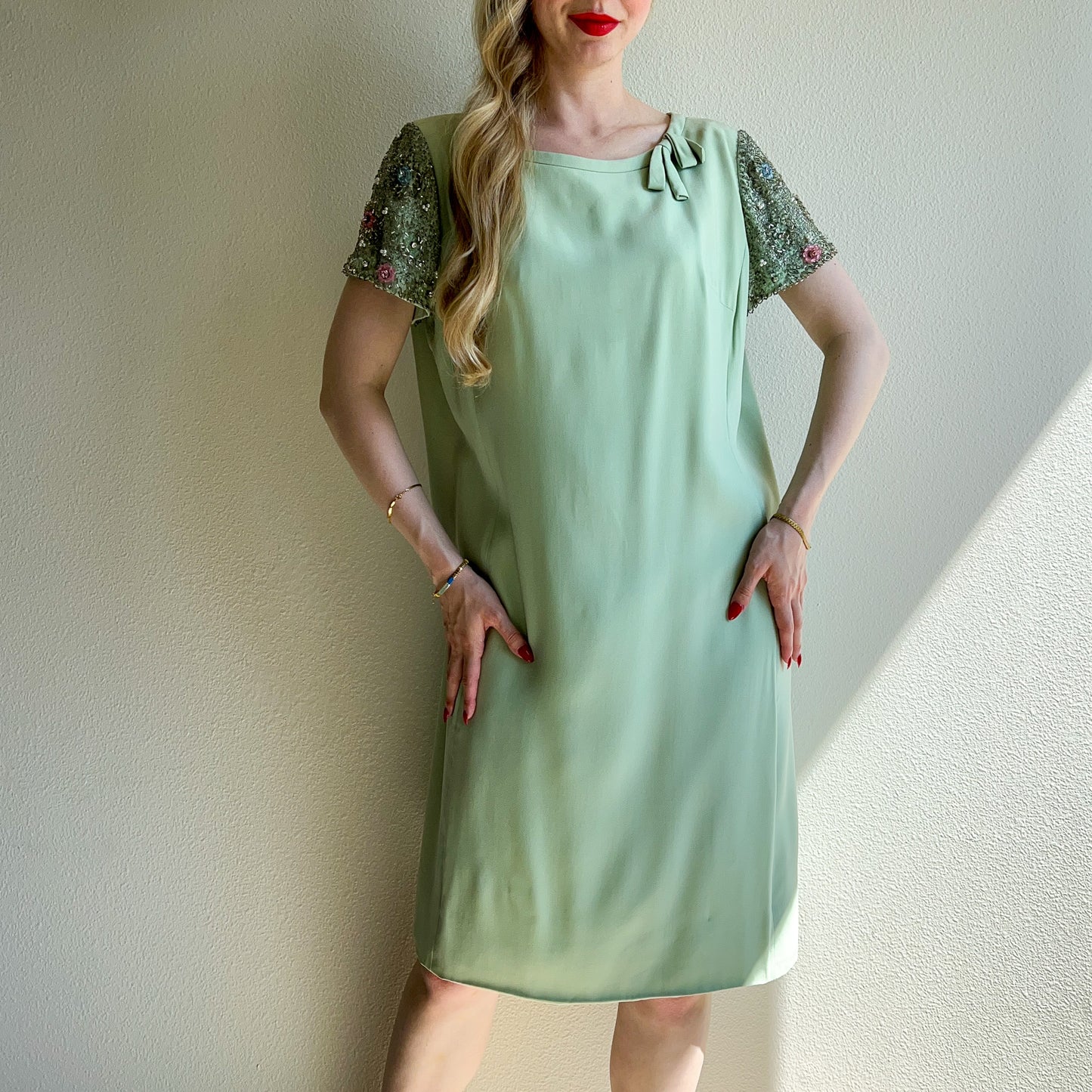1960s Mint Shift Dress With Beaded Sleeves (L/XL)