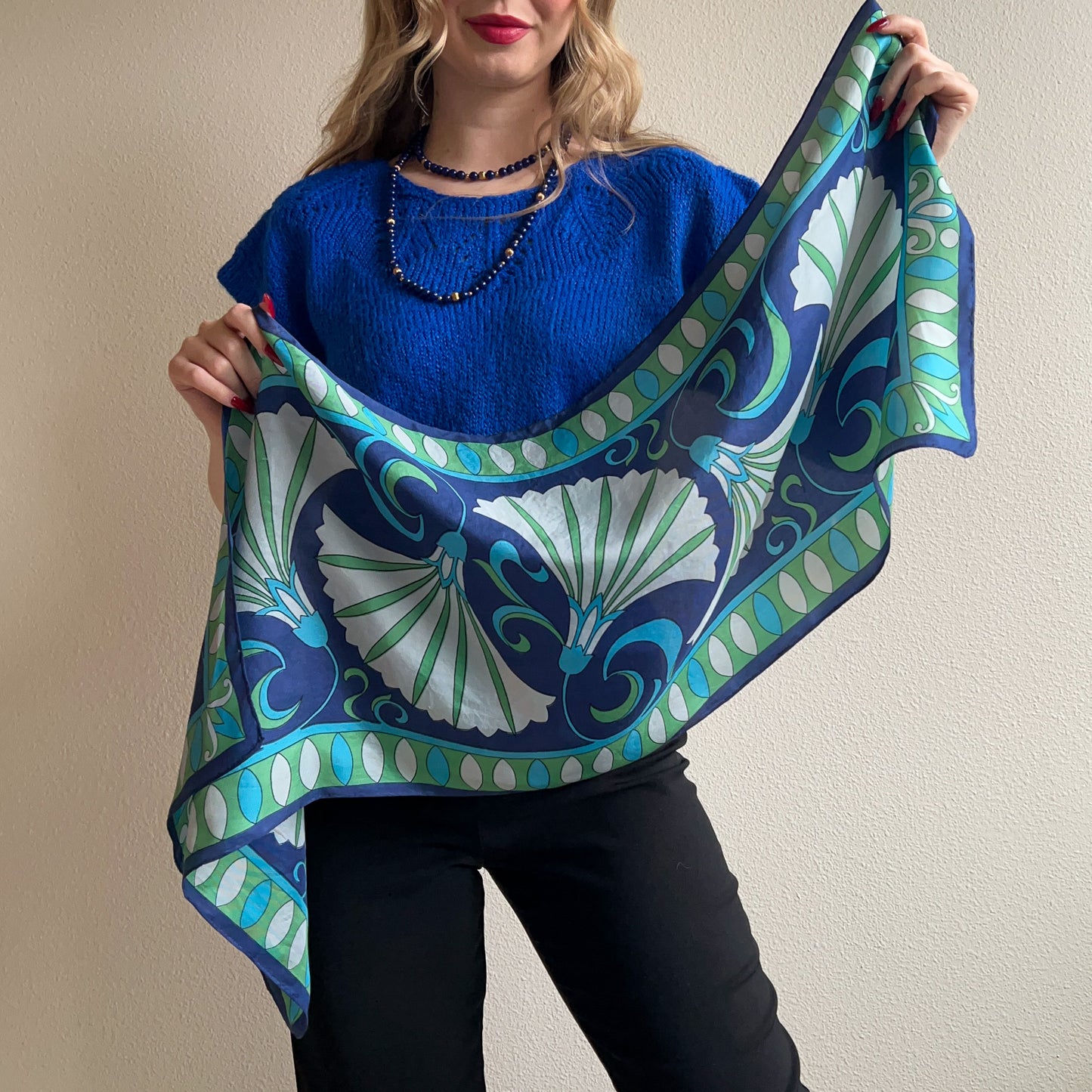 1960s Shades of Blue Printed Silk Scarf