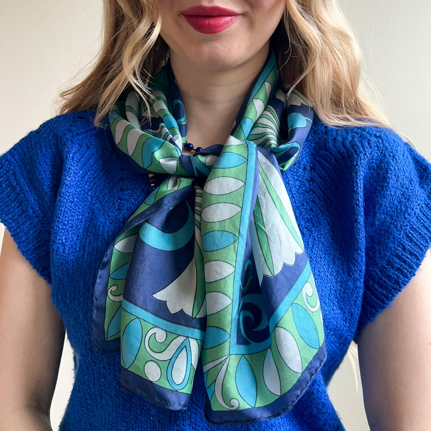 1960s Shades of Blue Printed Silk Scarf