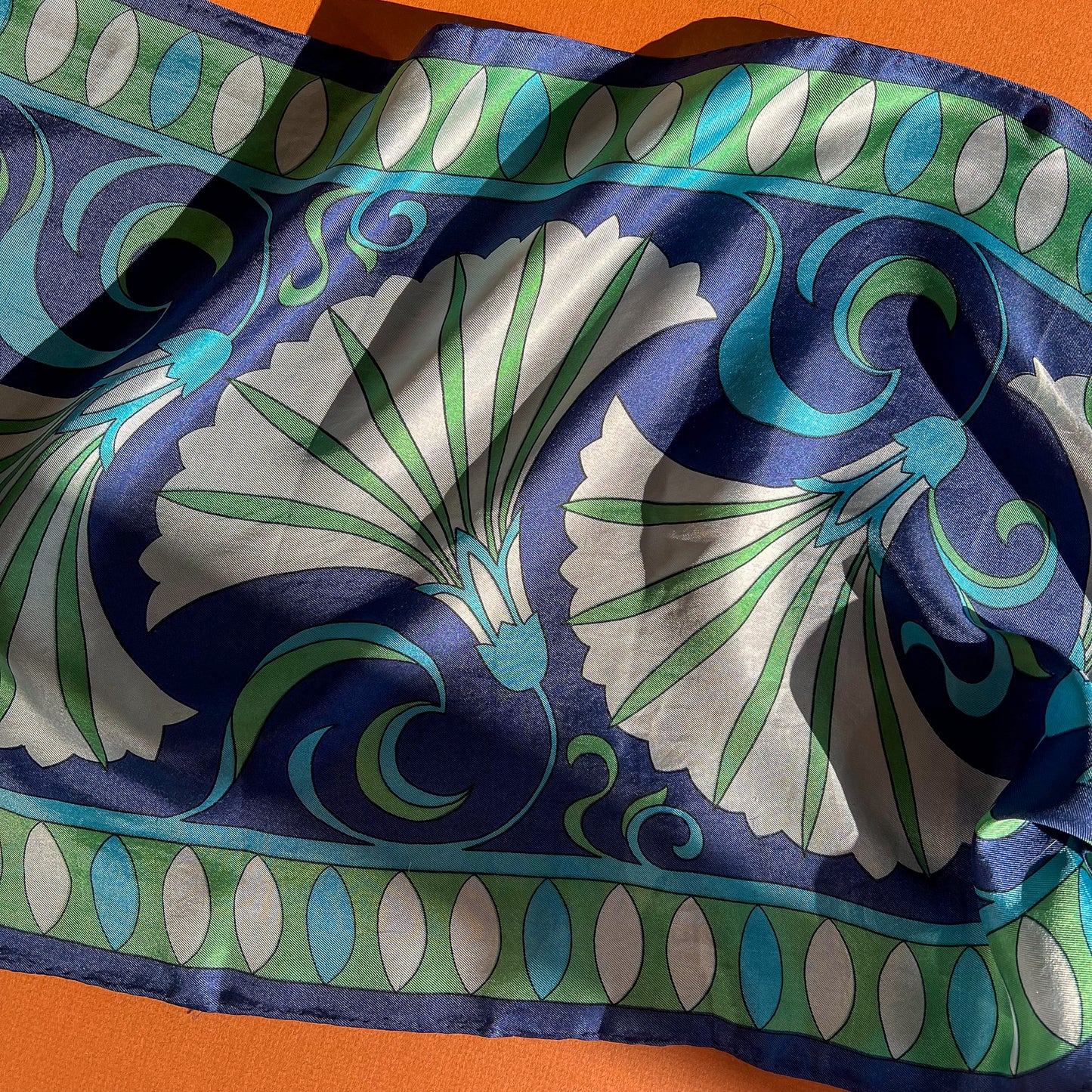 1960s Shades of Blue Printed Silk Scarf