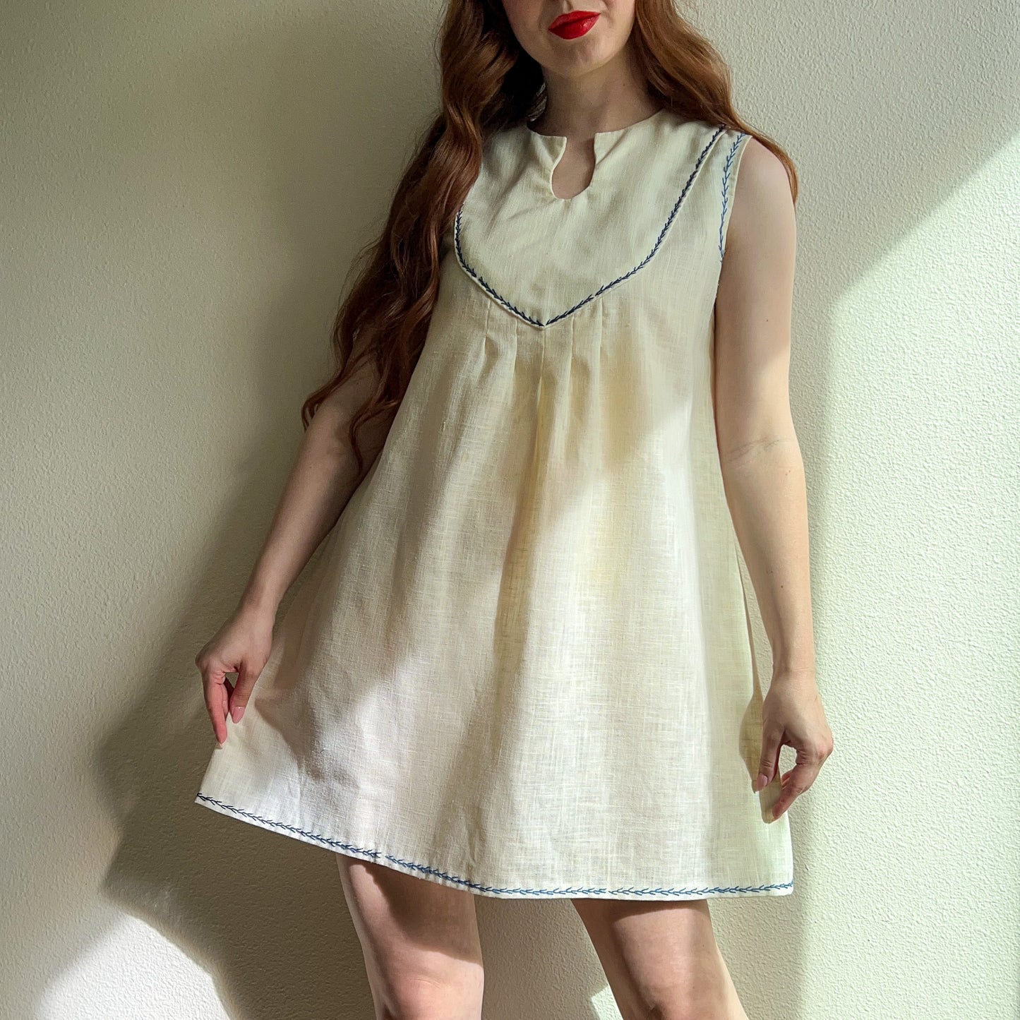 1960s Sheer Ivory Summer Dress With Blue Trim (S/M)