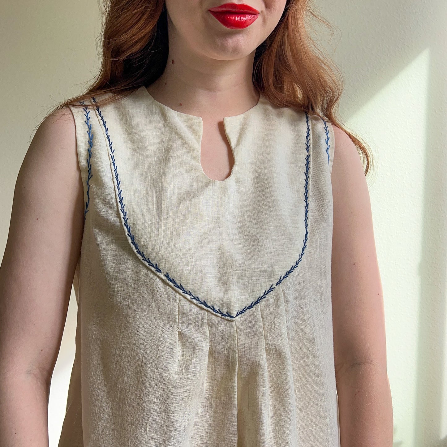 1960s Sheer Ivory Summer Dress With Blue Trim (S/M)