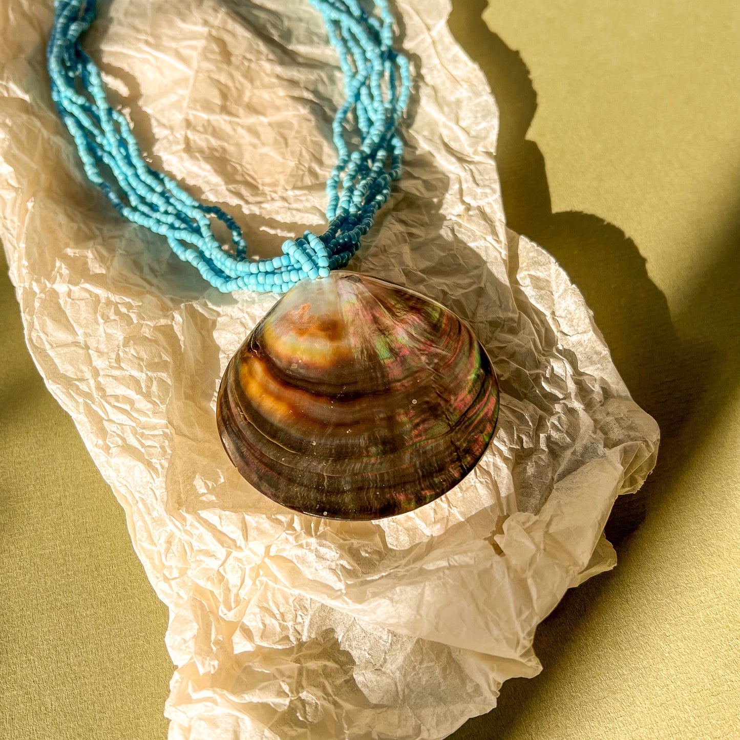 1960s Turquoise Beaded Necklace With Mother of Pearl Shell