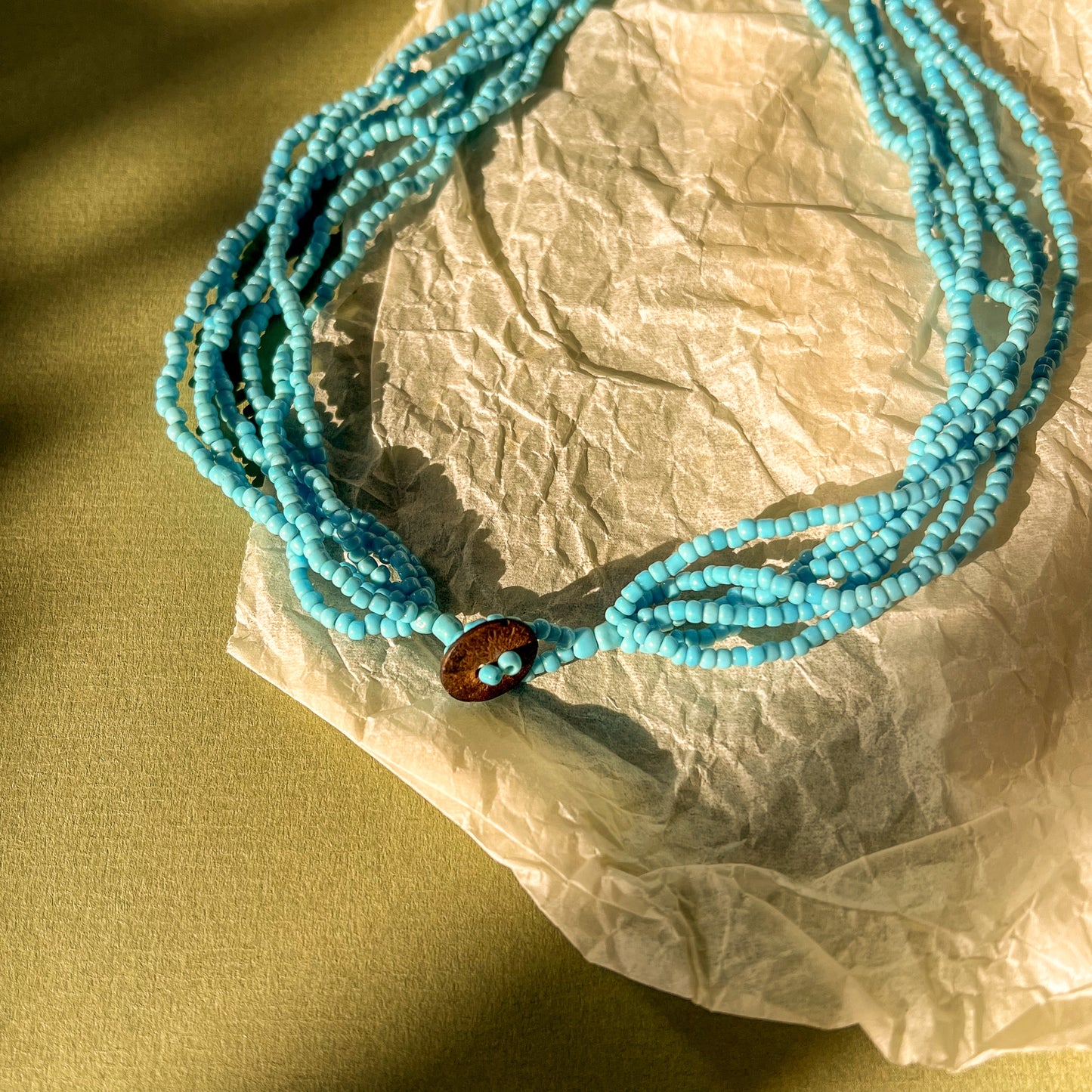 1960s Turquoise Beaded Necklace With Mother of Pearl Shell
