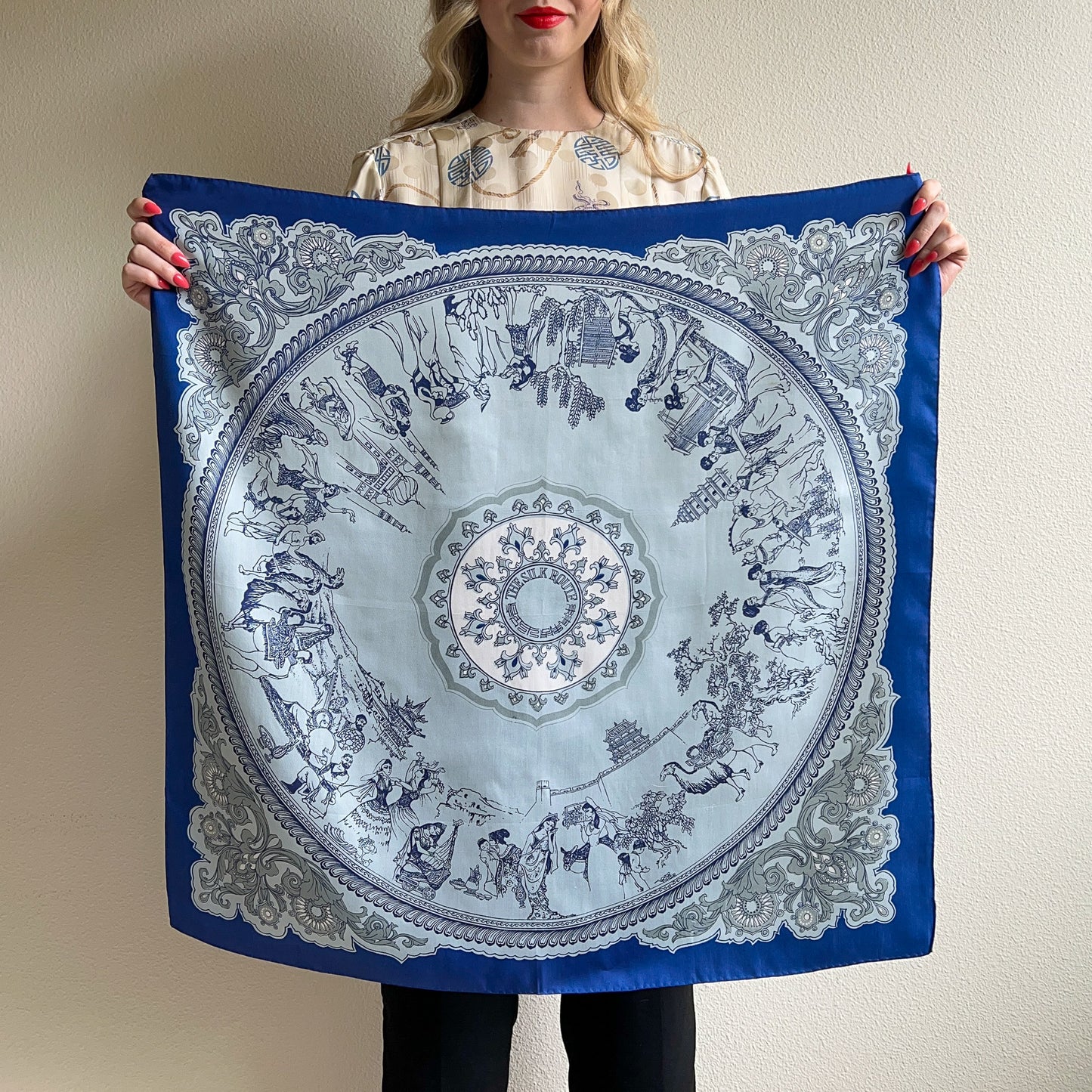1960s Silk Route Print Scarf With Blue Border