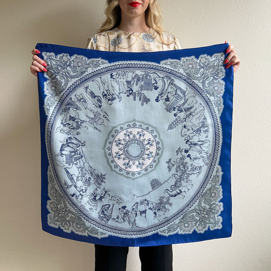 1960s Silk Route Print Scarf With Blue Border