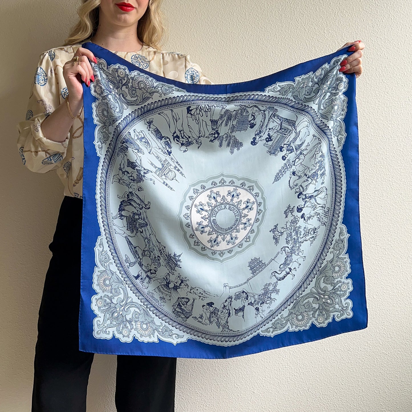 1960s Silk Route Print Scarf With Blue Border