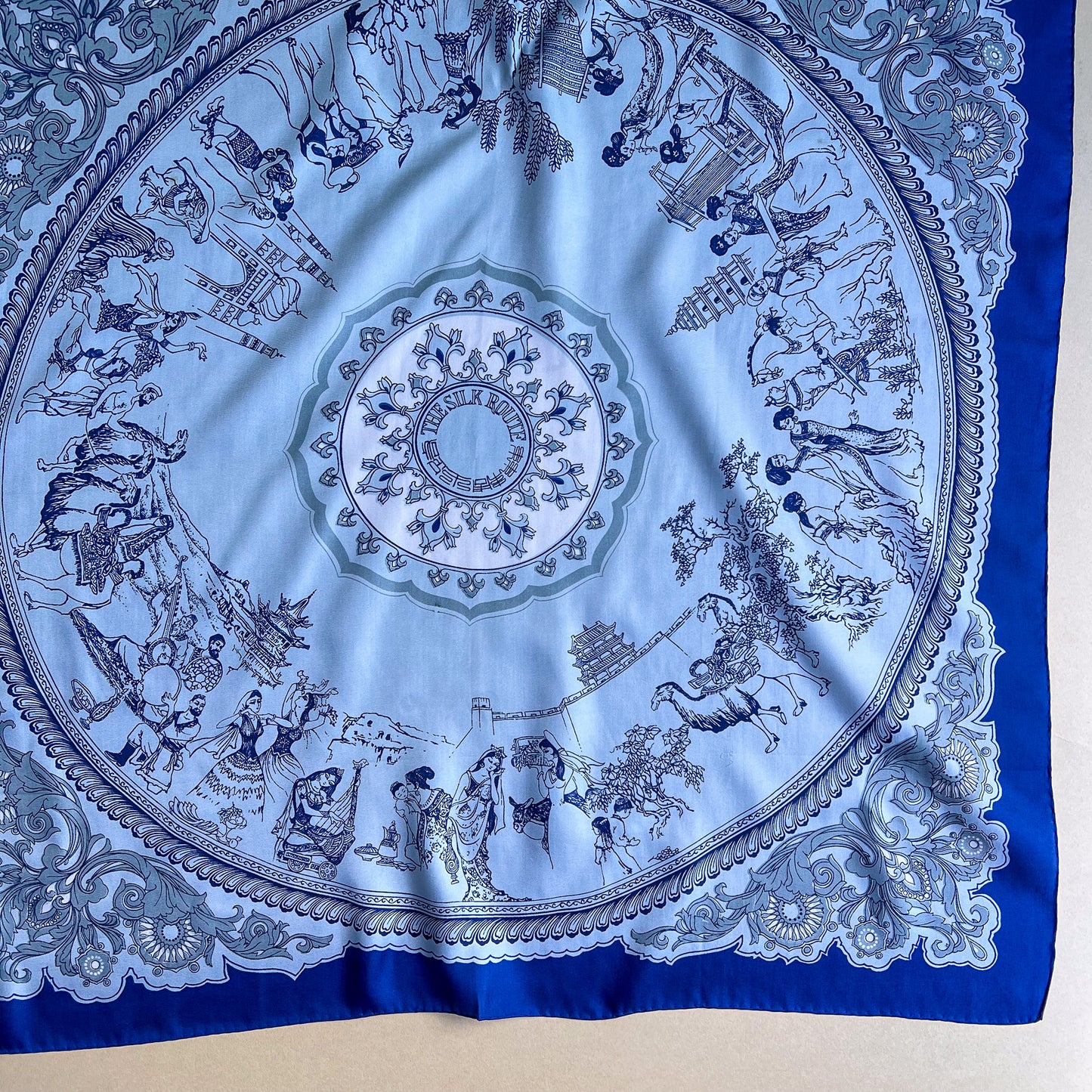 1960s Silk Route Print Scarf With Blue Border