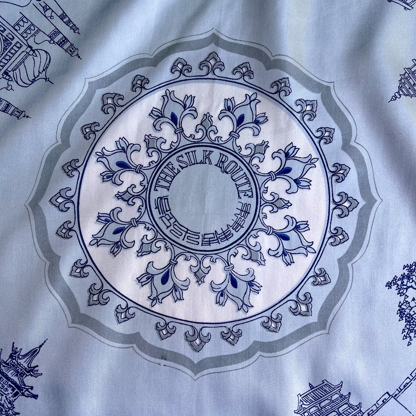 1960s Silk Route Print Scarf With Blue Border