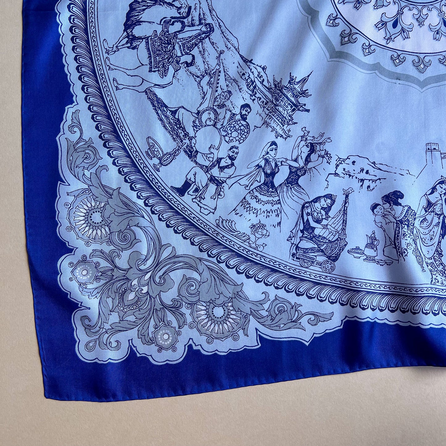 1960s Silk Route Print Scarf With Blue Border