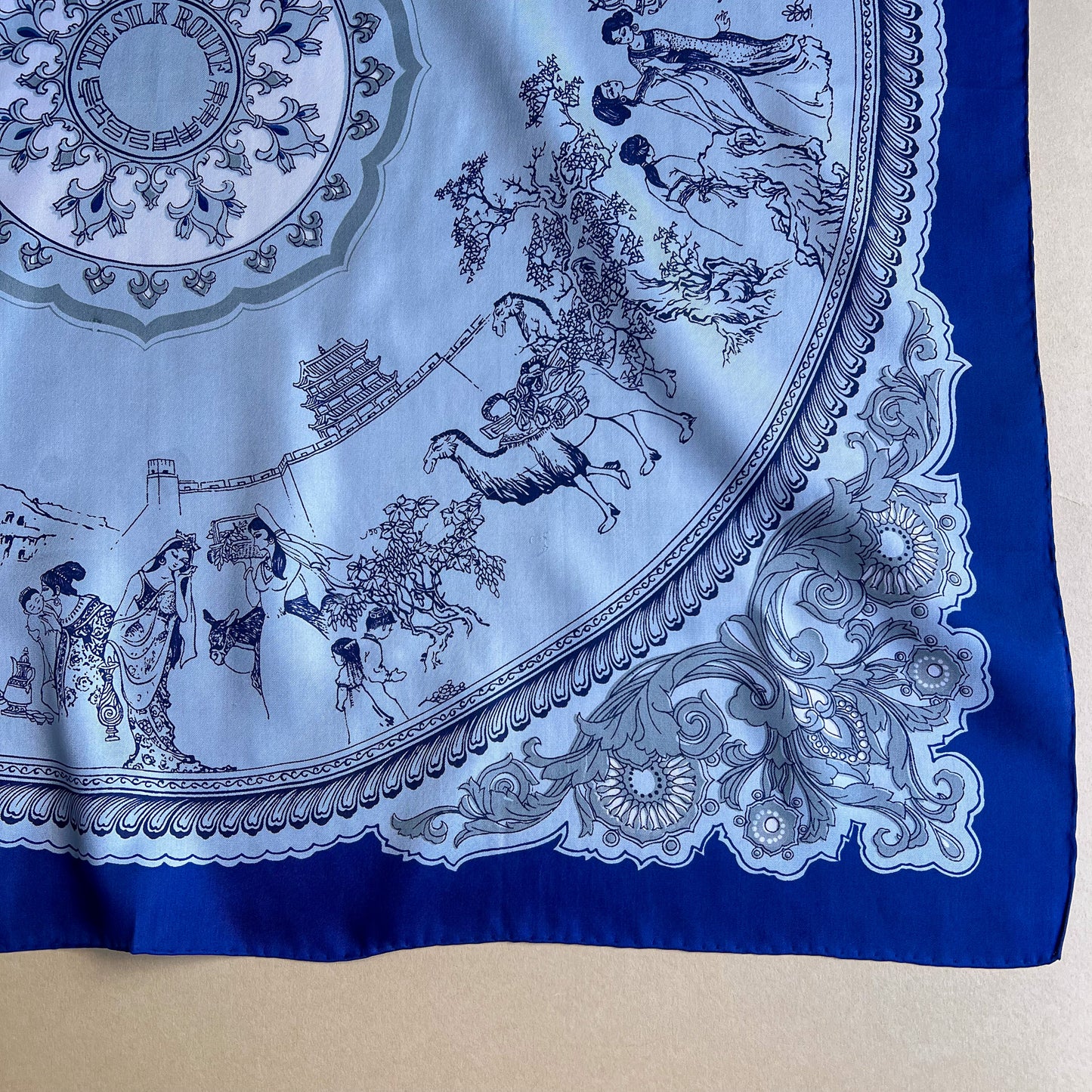 1960s Silk Route Print Scarf With Blue Border