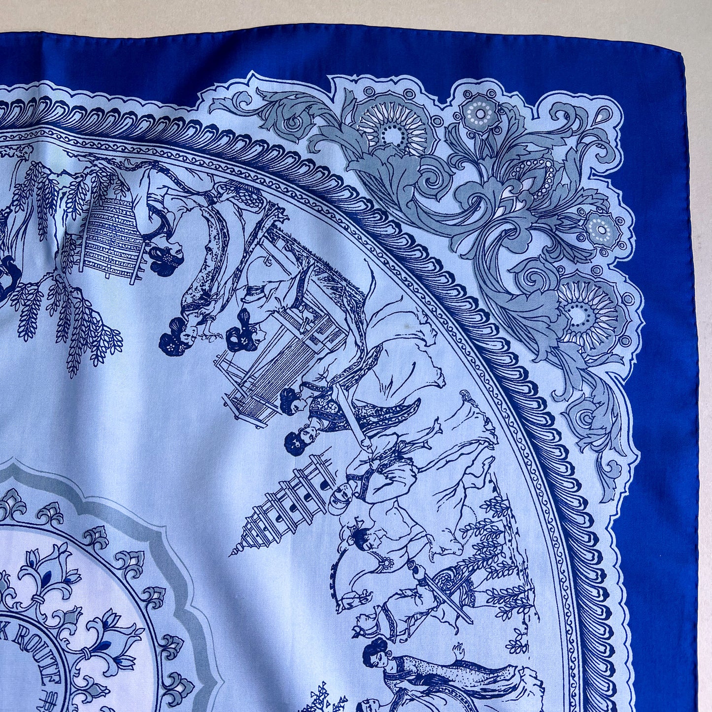 1960s Silk Route Print Scarf With Blue Border