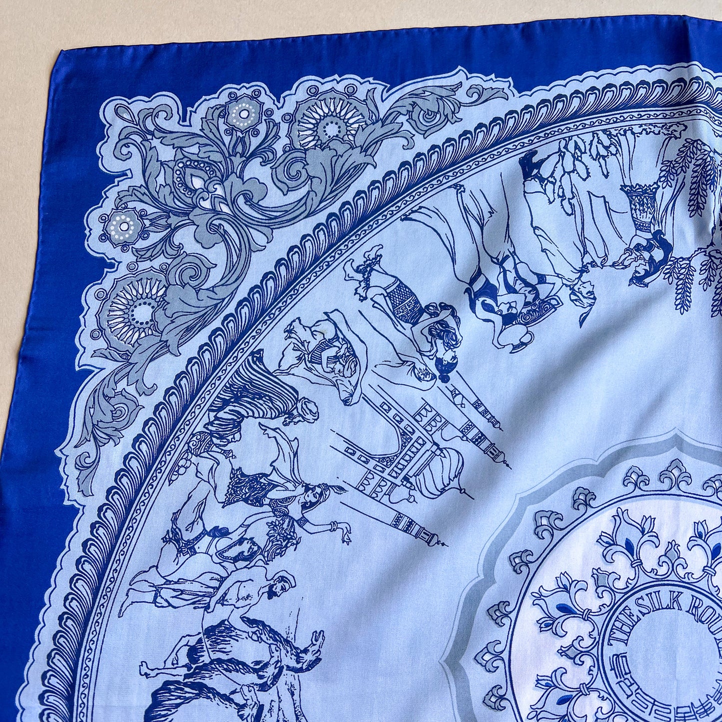 1960s Silk Route Print Scarf With Blue Border