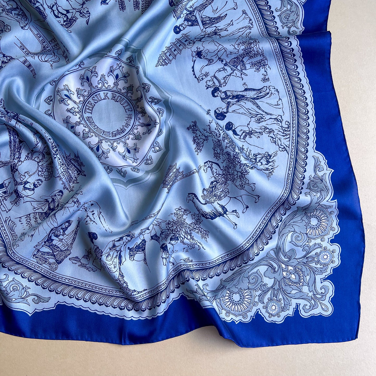 1960s Silk Route Print Scarf With Blue Border