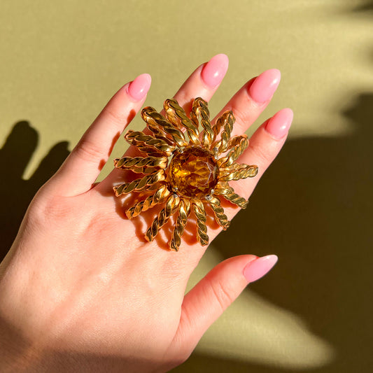 1960s Gold Twisted Sunbeams Brooch With Citrine