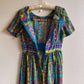 Vibrant 1960s Teal and Lime Retro Print Maxi Dress (M)