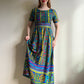 Vibrant 1960s Teal and Lime Retro Print Maxi Dress (M)