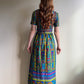 Vibrant 1960s Teal and Lime Retro Print Maxi Dress (M)