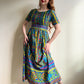Vibrant 1960s Teal and Lime Retro Print Maxi Dress (M)