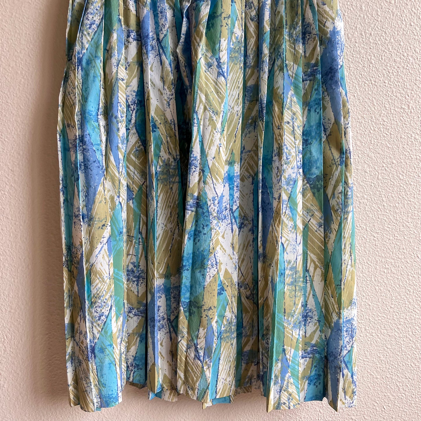 1960s Teal and Sage Abstract Print Dress (M)