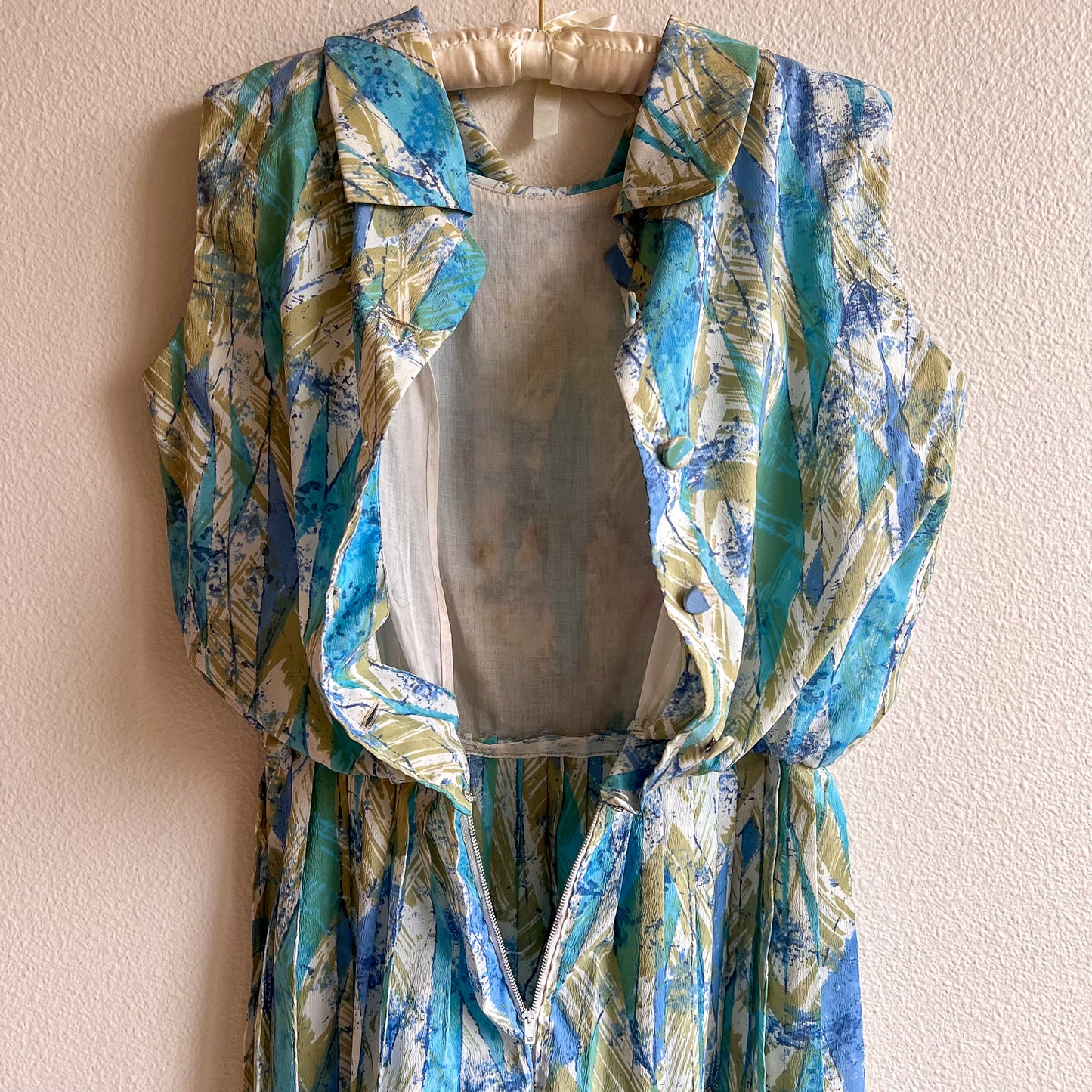 1960s Teal and Sage Abstract Print Dress (M)