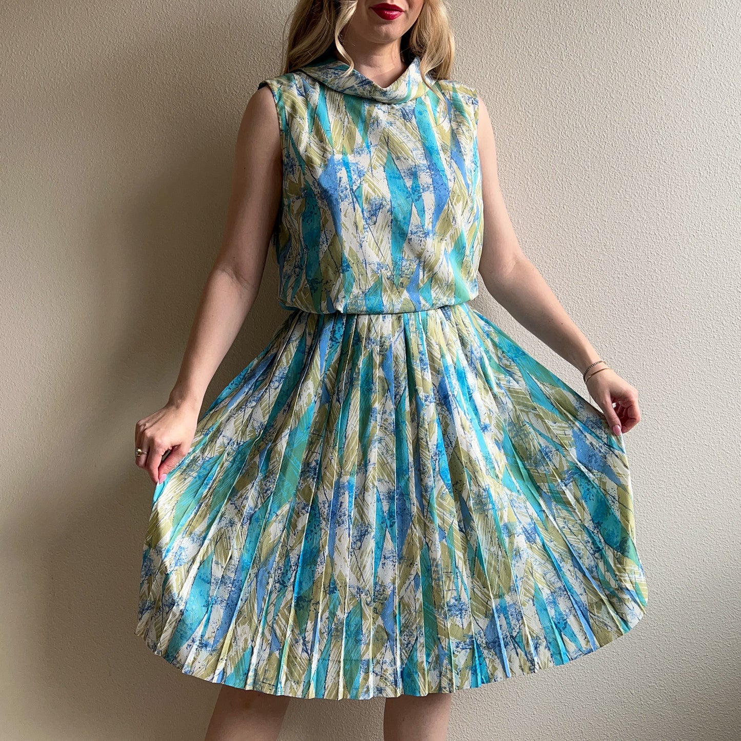 1960s Teal and Sage Abstract Print Dress (M)